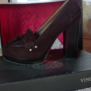 Chocolate suede NIB stacked heel loafers for fall